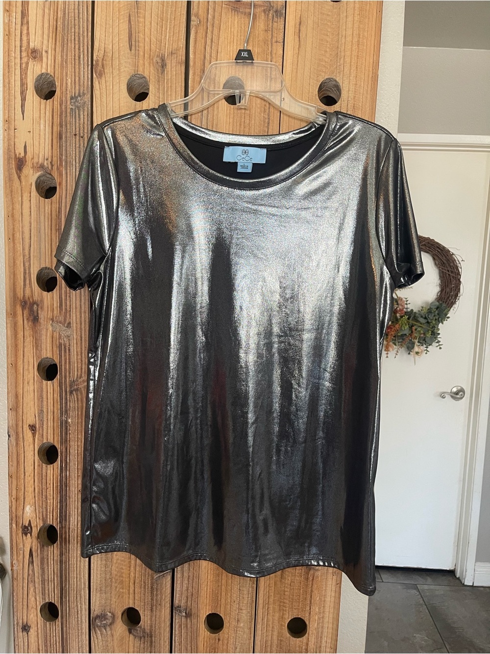 CeCe Shimmery Gunmetal Short Sleeve Crewneck Tee - Picture 5 of 9